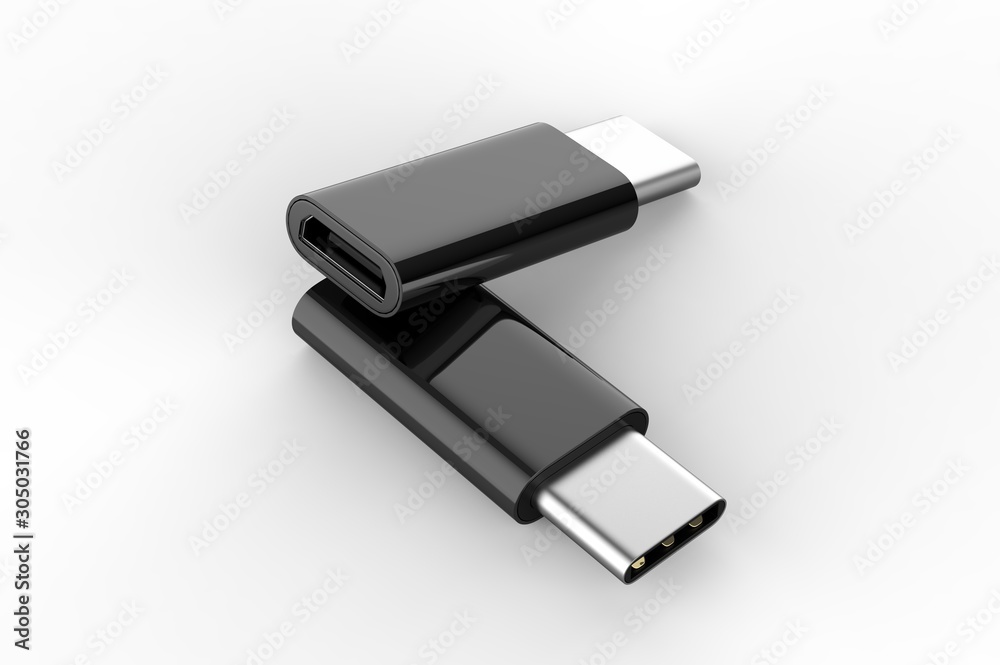 Blank Micro USB Adapter Data Charging Converter Cable Connector Android to USB Type C For Branding. 3d render illustration. Blank Micro USB Adapter Data Charging Converter Cable Connector Android to USB Type C For Branding. 3d render illustration.