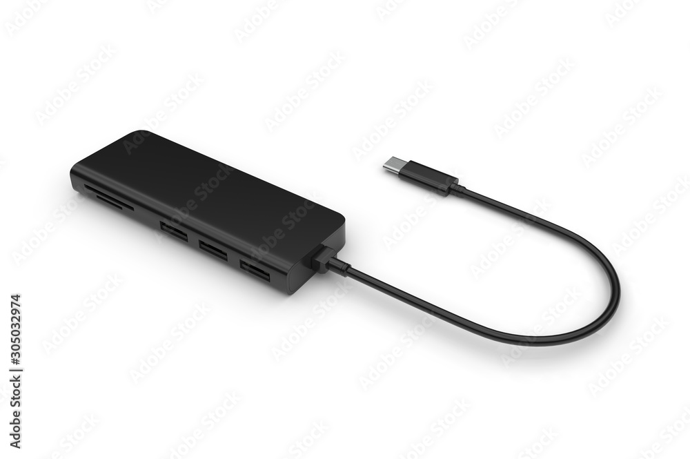 Multi functional USB-C Hub station for promotional branding. 3d render illustration. Multi functional USB-C Hub station for promotional branding. 3d render illustration.