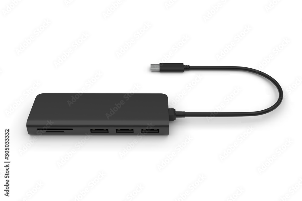 Multi functional USB-C Hub station for promotional branding. 3d render illustration. Multi functional USB-C Hub station for promotional branding. 3d render illustration.