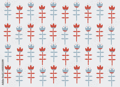 Vector Floral background. Scandinavian style with red and  blue flower lily, tulip. Nordic Ornament for design, fabric, textile, wrapping paper, wallpaper. 