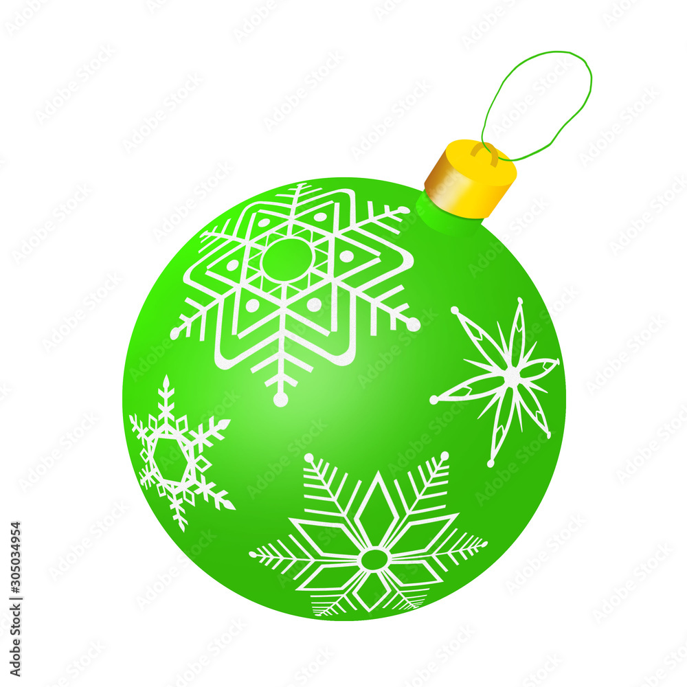 Green ball with the image of snowflakes. Christmas decoration for the Christmas tree. Green ball with the image of snowflakes. Christmas decoration for the Christmas tree.