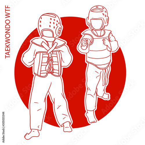 Illustration of taekwondo kids outline style on a red circle background