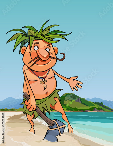cartoon natives man with a stone hammer on the seashore