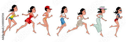 cartoon woman in various clothes runs in different poses