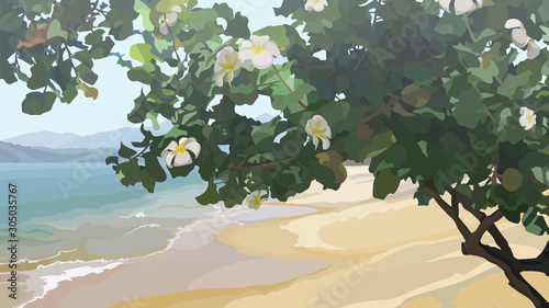 tropical tree with flowers on the sandy coast of the sea