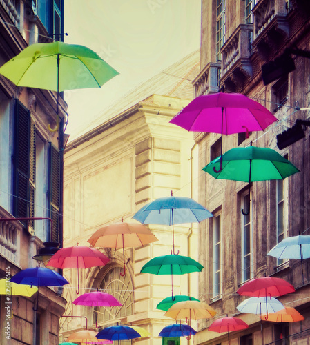 Multicolored umbrellas  event decoration at Old Town Genova  Italy