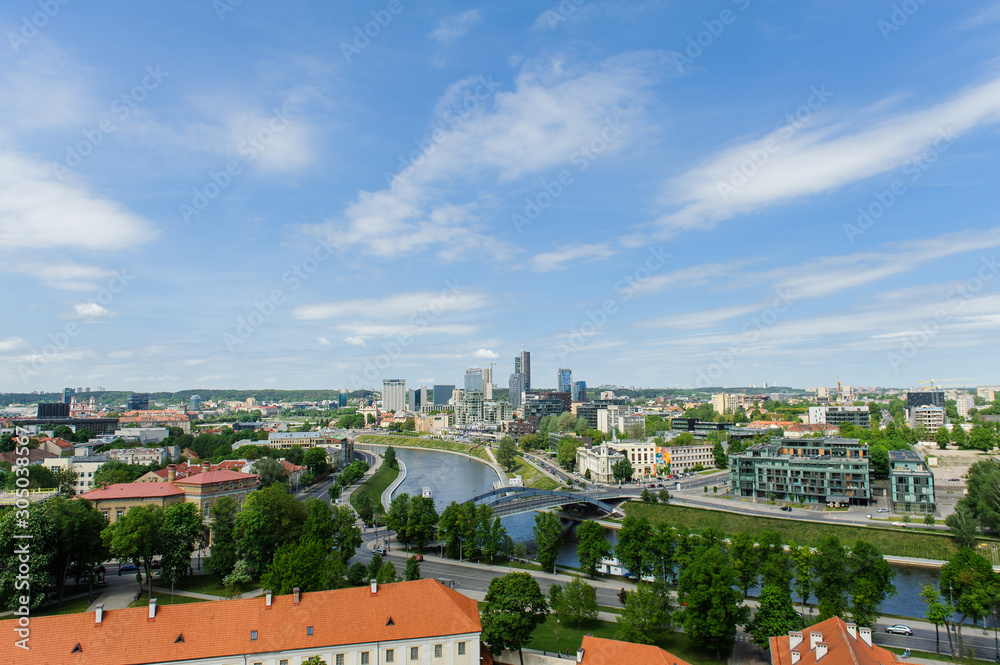 Beautiful and bright panorama of Vilnius town from the top of the Gediminas hill. New town