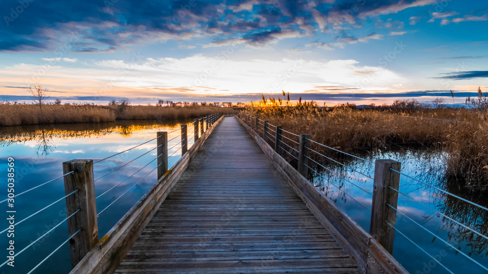 Obraz premium Pont de bois au milieu d'un étang en Camargue, France.
