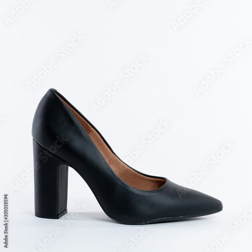 classic black leather high heeled women shoes. On white background. Choose other angles of this boot and new models in my profile