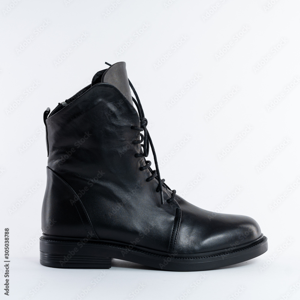 Super demi seasonal black leather womens shoes with laces. On white background. Choose other angles of this boot and new models in my profile Super demi seasonal black leather womens shoes with laces. On white background. Choose other angles of this boot and new models in my profile