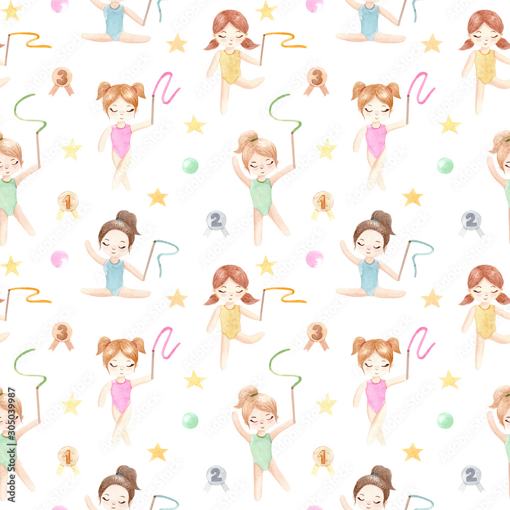 Watercolor gymnast girl. Hand painted illustration isolated on white background.