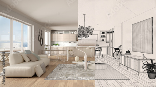Paint roller painting interior design blueprint sketch background while the space becomes real showing modern kitchen. Before and after concept, architect designer creative work flow