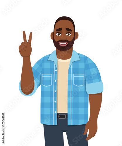 Trendy young African American man showing victory, peace, V or winning gesture. Person making two sign with fingers. Male character design illustration. Modern lifestyle concept in vector cartoon.