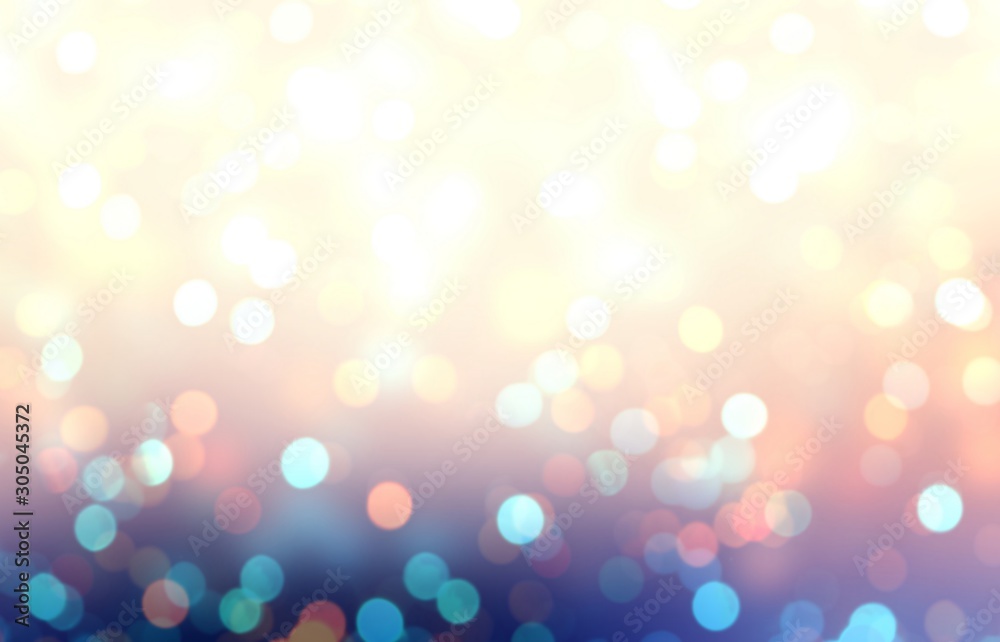 Holiday bokeh on dark colored smoky bottom. White empty background. Blue pink yellow spotted blurred texture. Festive abstract illustration. Party lights defocused pattern. - obrazy, fototapety, plakaty 