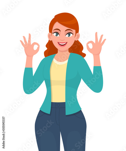 Trendy young woman showing okay sign. Smiling girl making OK or cool gesture with hand fingers. Female character design illustration. Human emotion, modern lifestyle concept in vector cartoon style.