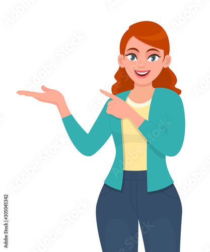 Young woman presenting hand to copy space. Trendy smiling girl pointing finger. Happy teenager introducing something. Female character design illustration. Modern lifestyle concept in vector cartoon.