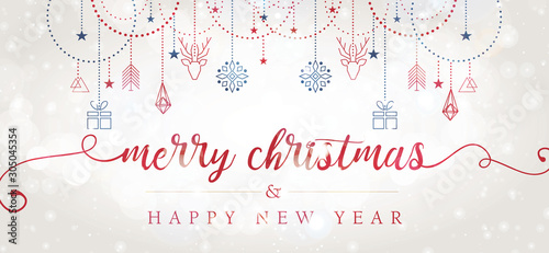Merry Christmas and Happy New Year hand lettering with geometric elements