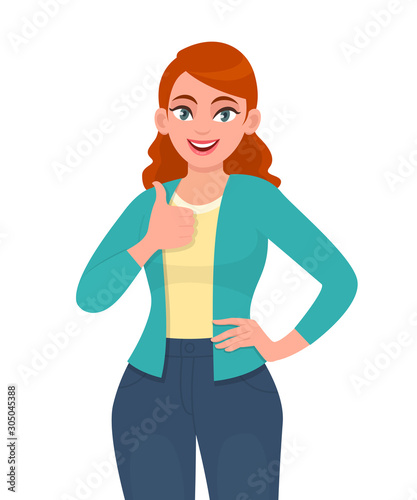 Trendy young woman showing thumbs up sign. Pretty teenage girl making like, good or success gesture. Female character design illustration. Emotions, modern lifestyle concept in vector cartoon style.