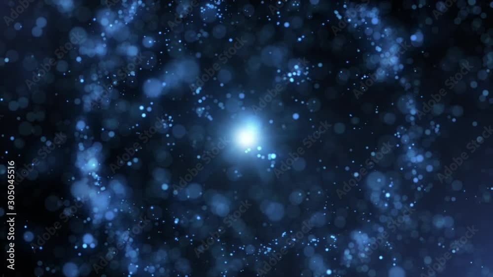 Blue particles animation pulsing and spinning with bokeh on black. 4k