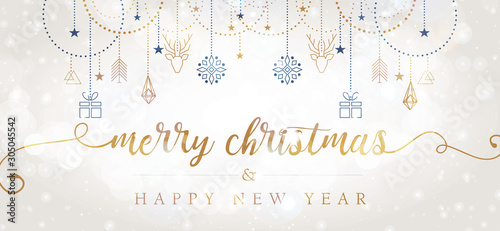 Merry Christmas and Happy New Year hand lettering with geometric elements