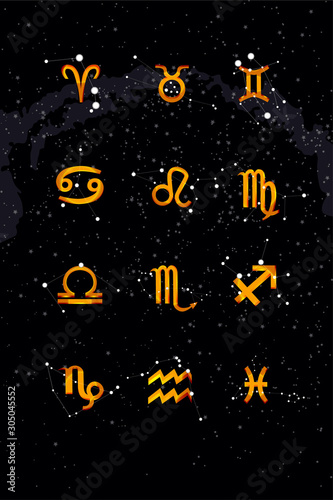 Constellations of the zodiac. Zodiac signs set of illustrations on the background of a starry sky