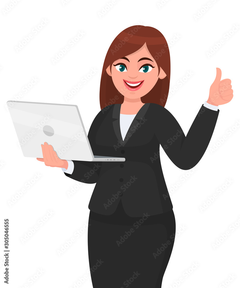 Young businesswoman holding a new digital laptop computer and showing thumb up gesture sign. Female character design illustration. Modern lifestyle, gadget, technology concept in vector cartoon style. Young businesswoman holding a new digital laptop computer and showing thumb up gesture sign. Female character design illustration. Modern lifestyle, gadget, technology concept in vector cartoon style.