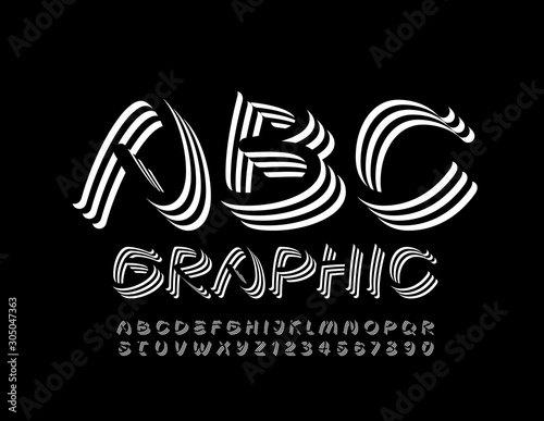 Vector Black and White layered Alphabet Letters and Numbers. 3D Handwritten Font