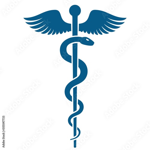 Medical or Healthcare symbol - Staff of Asclepius or Caduceus with wings icon isolated on white background. The snake entwined around a wooden staff with wings. photo