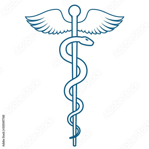 Medical or Healthcare symbol - Staff of Asclepius or Caduceus with wings line art icon isolated on white background. The snake entwined around a wooden staff with wings.