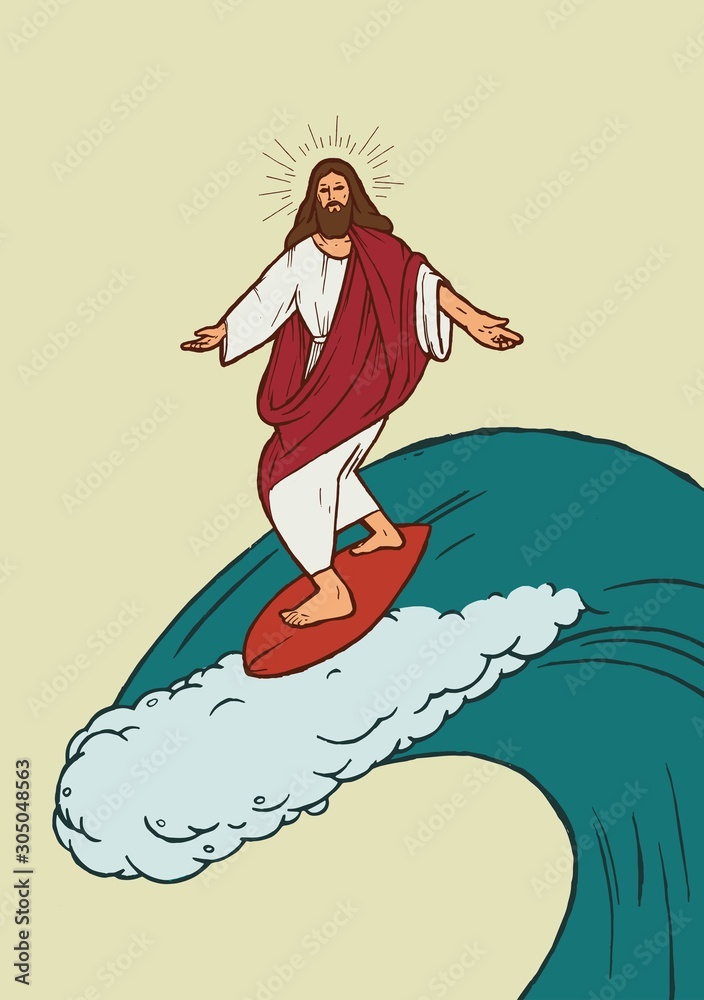Jesus Christ surfing on top of big wave. Christian god riding surfboard