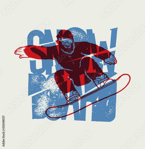 Bigfoot riding snowboard with vintage ice typography cut in pieces.