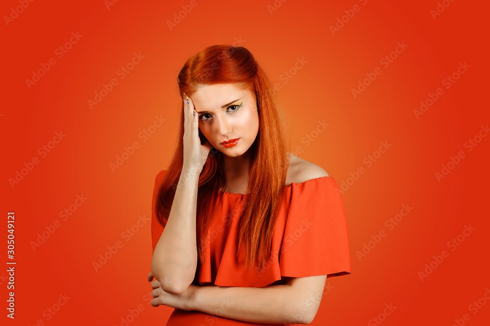 redhead sad upset woman looking on red redhead sad upset woman looking on red