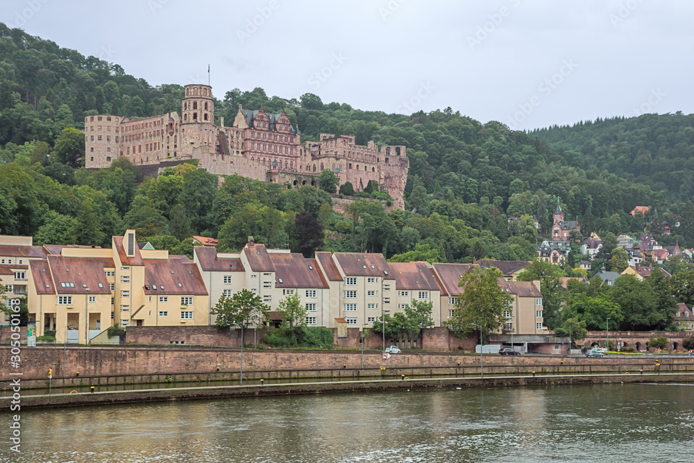 The castle of Heidelberg and the Neckar seen from a bridge over the river