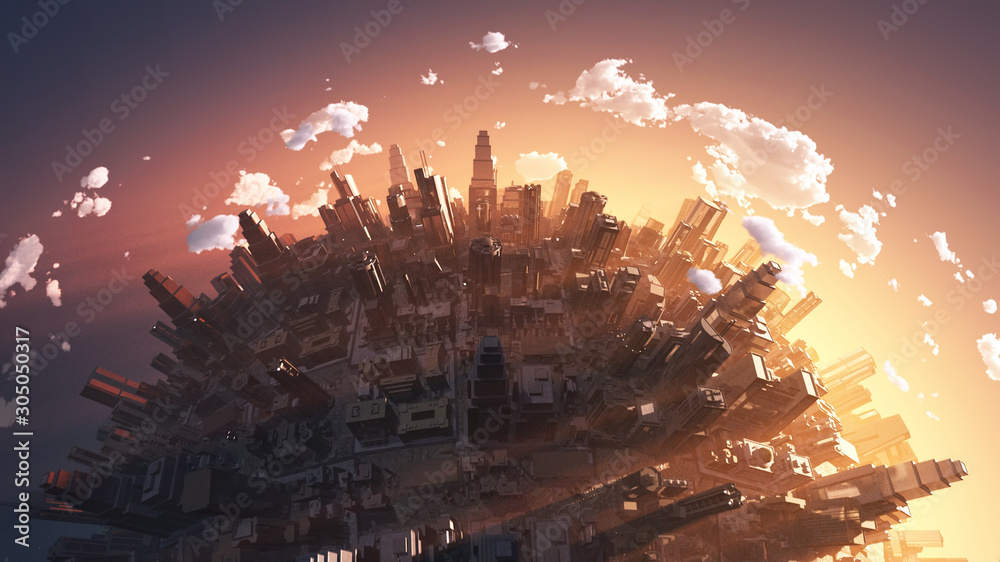 Φωτογραφία flight over the megapolis at sunset