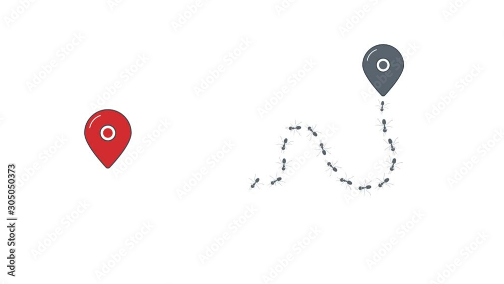 Ants colony path route animation with location pins Ants colony path route animation with location pins