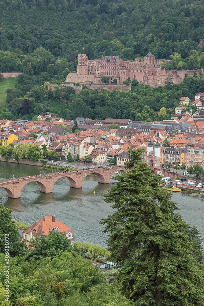 View of the old city of Heidelberg with the Old Bridge seen from the Philosoph's path