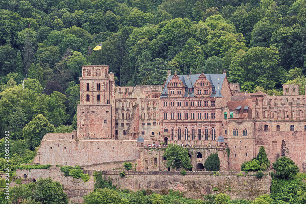 Looking over the Neckar at the Heidelberg castle seen from the Philosoph's path