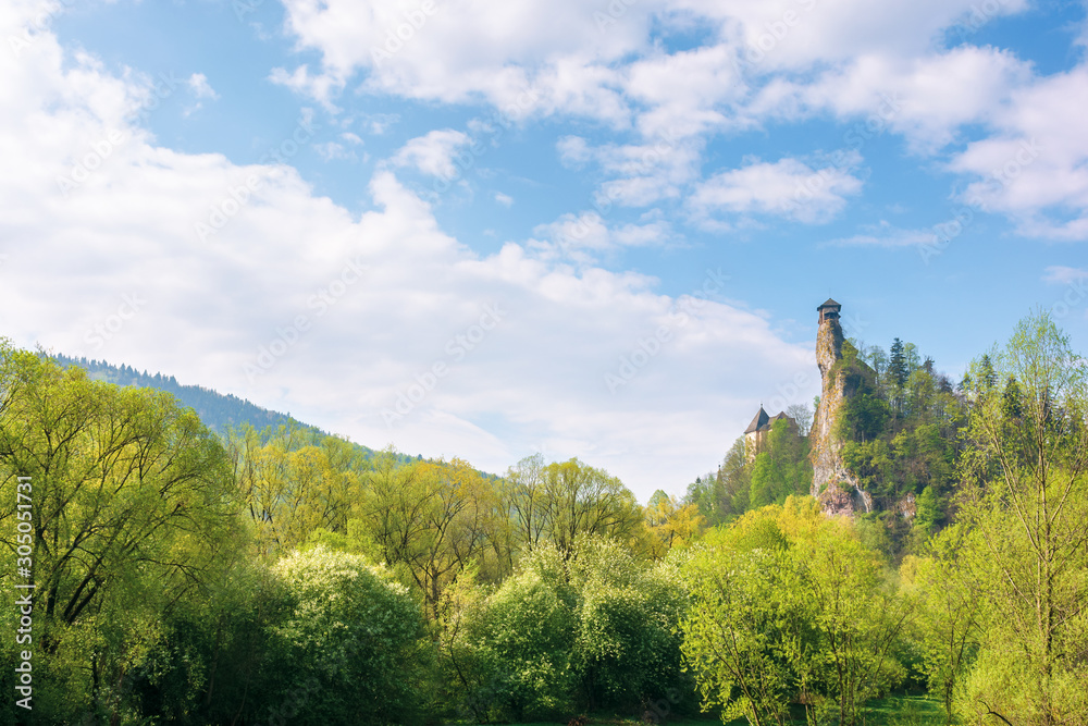 Orava Castle on the high steep rock. one of the most beautiful castles in Slovakia. mountain landscape on a wonderful sunny day. trees in green foliage. popular travel destination