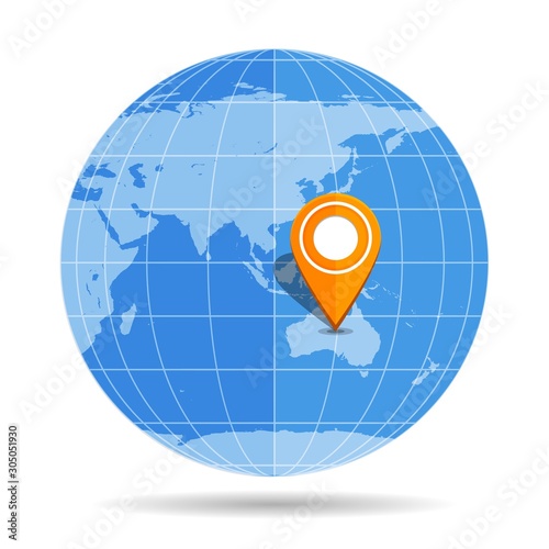 Globe Earth flat with orange map pin on continent Australia icon isolated on white background.