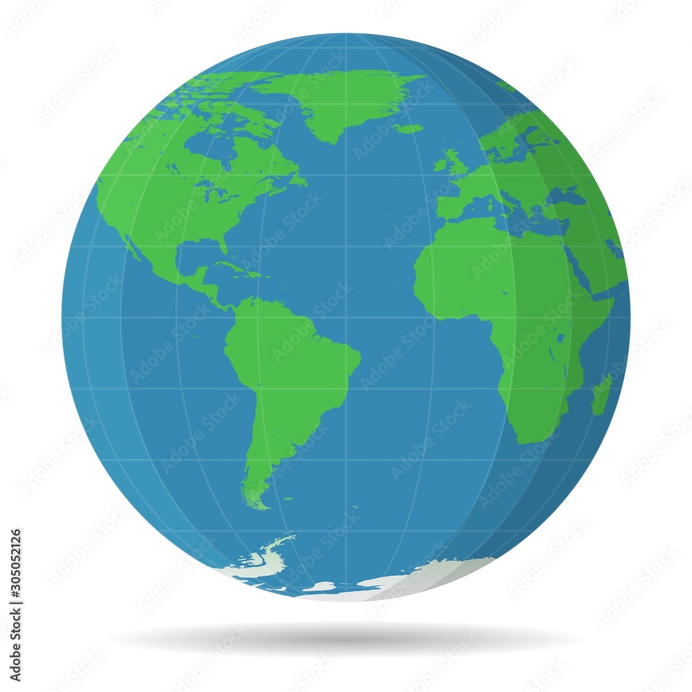 Earth Globe view of America Africa Europe. Flat color planet Earth icon isolated on white background Earth Globe view of America Africa Europe. Flat color planet Earth icon isolated on white background