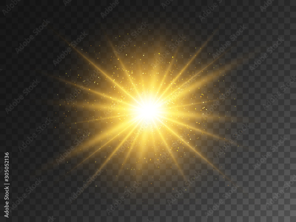 Gold glowing star on transparent backdrop. Magical explosion with star dust. Christmas light effect with magic particles. Yellow energy flash. Golden glitter and glare. Vector illustration