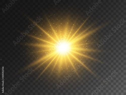 Gold glowing star on transparent backdrop. Magical explosion with star dust. Christmas light effect with magic particles. Yellow energy flash. Golden glitter and glare. Vector illustration