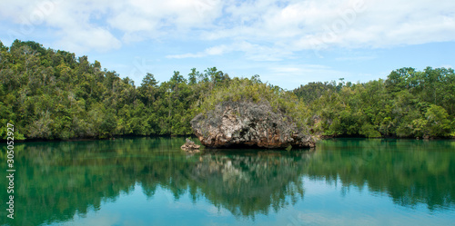 Limestone coastal scenic in Secret Bay, Gam Island, Raja Ampat, West Papua Indonesia