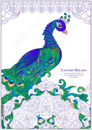 Peacock and eastern ethnic motif, traditional muslim ornament. Template for wedding invitation, greeting card, banner, gift voucher, label. Colored and outline design. Vector illustration..