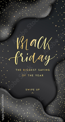 Black friday sale background ,banner or social media post template with trendy gold glitter confetti and realistic balloons, textured gold paint splash. Vector illustration, eps 10