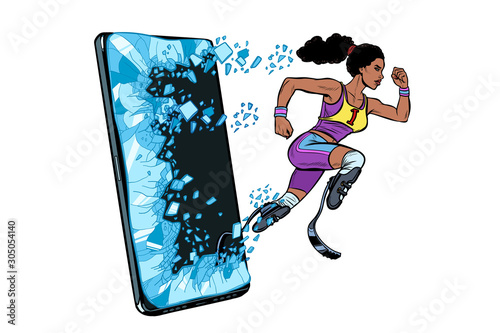 african woman runner disabled leg with prosthesis Phone gadget smartphone. Online Internet application service program