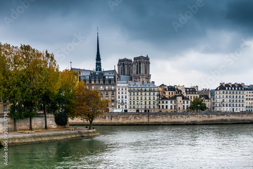 The banks of the Seine River and the towers of Notre-Dame de Paris, France