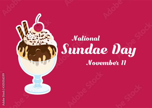 National Sundae Day vector. Chocolate ice cream cup. Decorated ice cream sundae vector. Chocolate sundae with cherry on a pink background. Important day