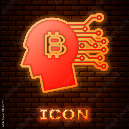 Glowing neon Bitcoin think icon isolated on brick wall background. Cryptocurrency head. Blockchain technology, bitcoin, digital money market, cryptocoin wallet. Vector Illustration