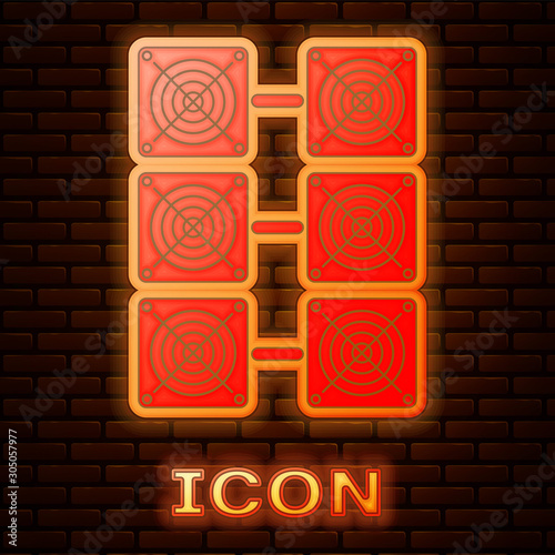 Glowing neon Mining farm icon isolated on brick wall background. Cryptocurrency mining, blockchain technology, bitcoin, digital money market, cryptocoin wallet. Vector Illustration